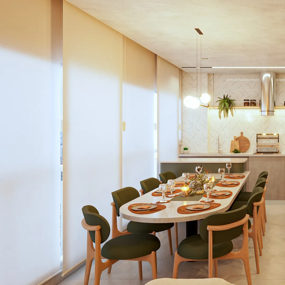 Sala de jantar integrada à cozinha com mesa posta
