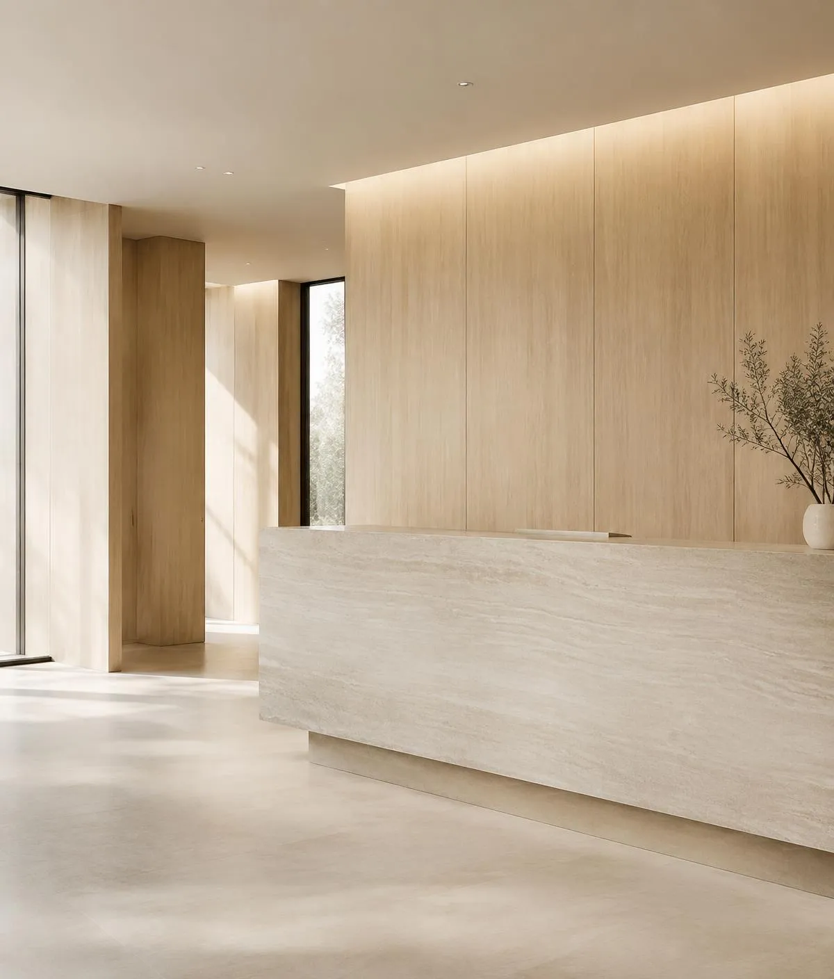 Recepção corporativa minimalista com madeira e pedra clara