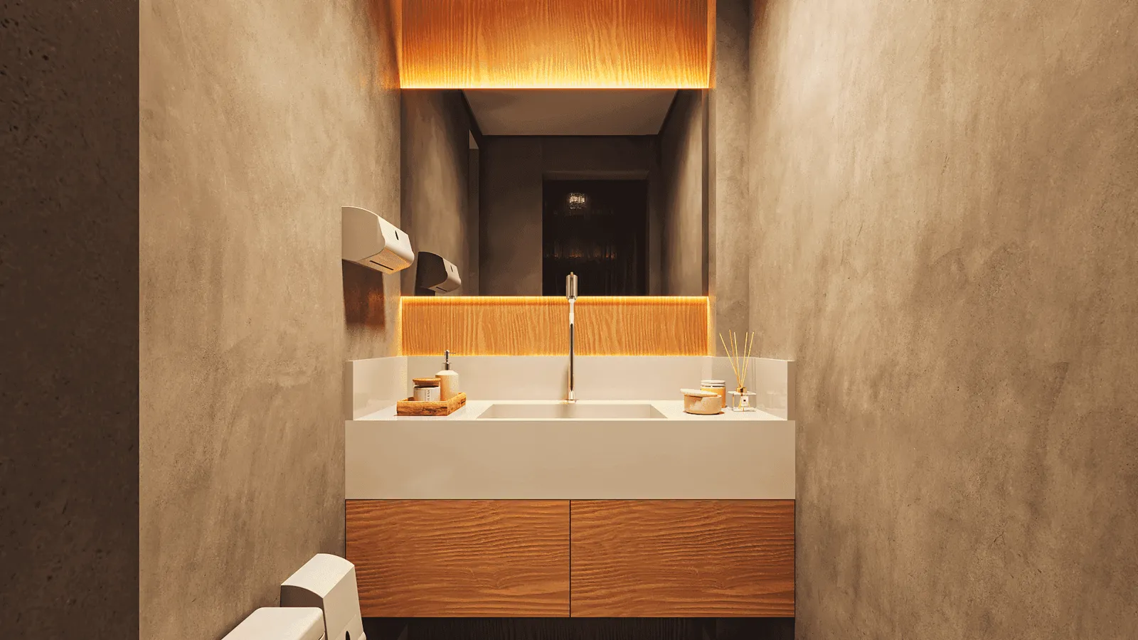 Lavabo com cuba esculpida e iluminação em madeira