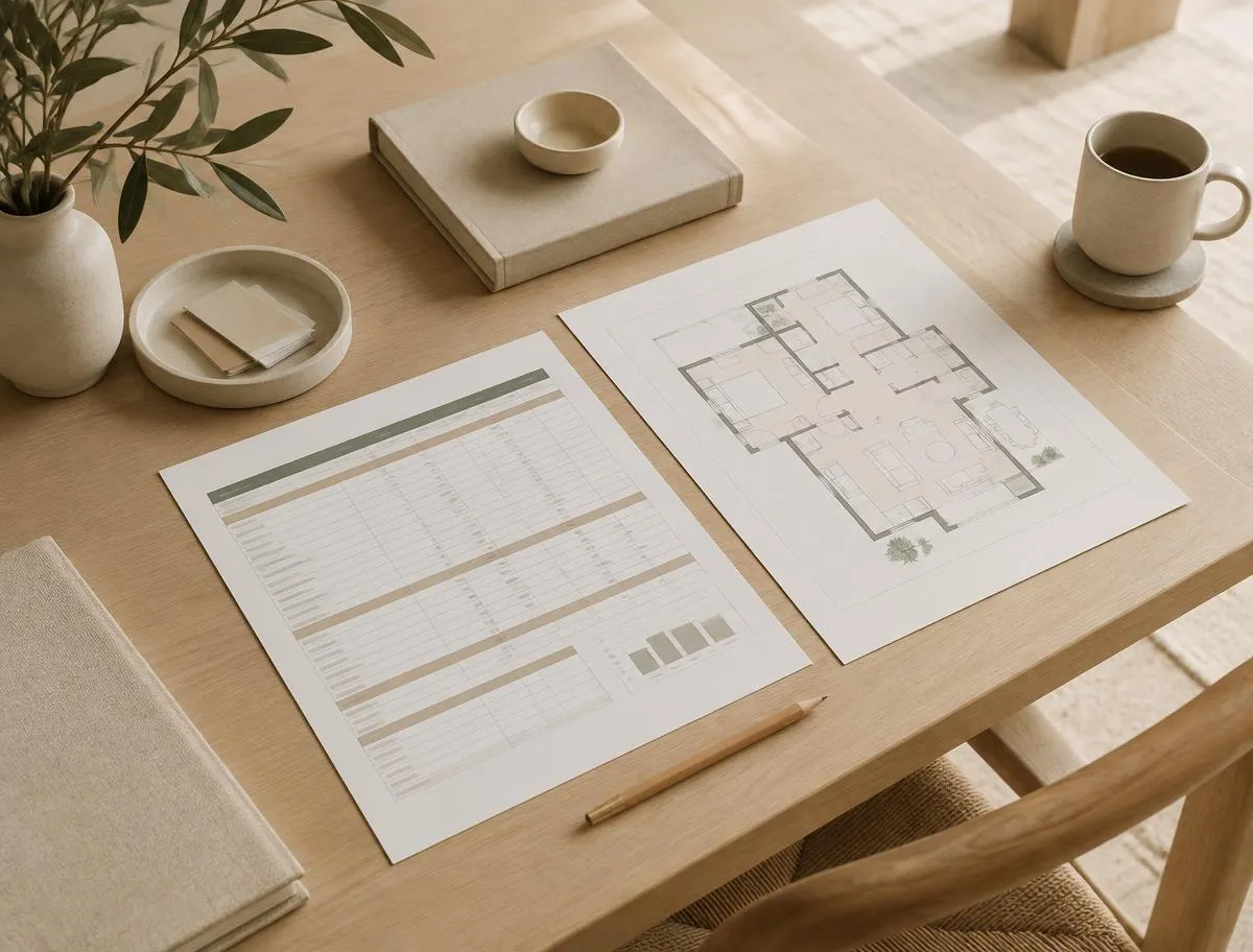Mesa organizada com planilha e planta baixa